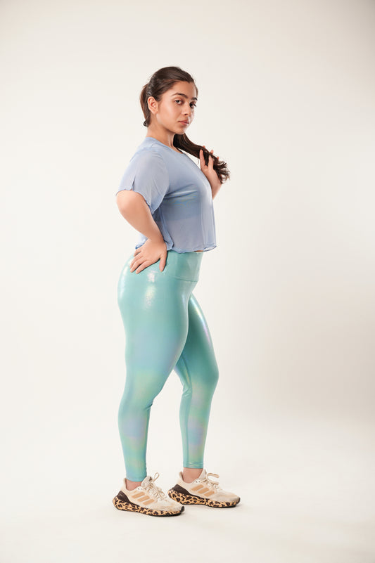 High Above The Waves Ruffled Blue Mesh Tee