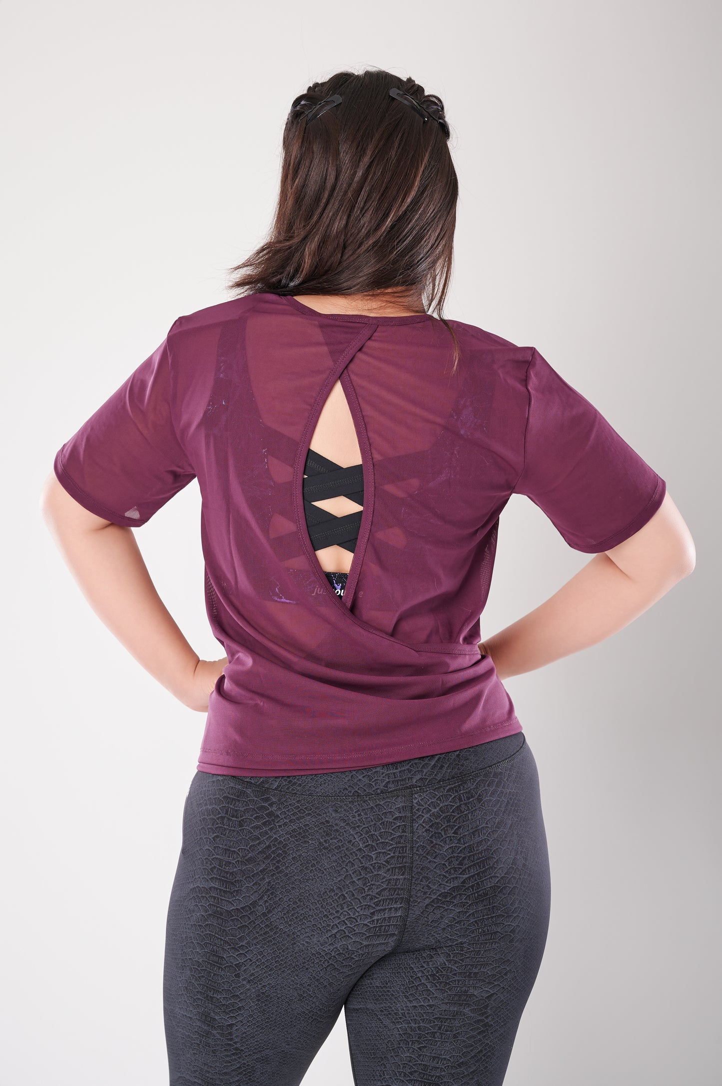 Wine Open Back Mesh Tee