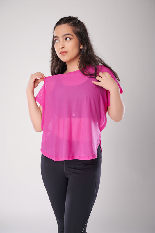 Hot Pink All Mesh Sheer Tee