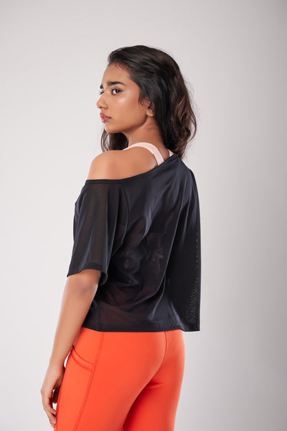 Black Mesh Off-Shoulder Tee