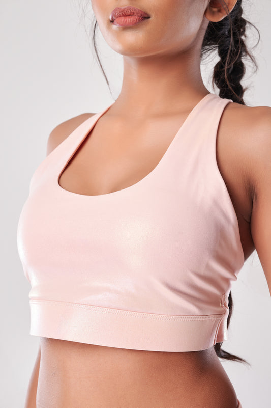 Peachy Pink Holo Tie Up Sports Bra