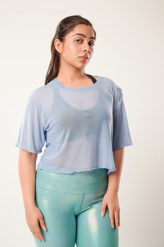 High Above The Waves Ruffled Blue Mesh Tee