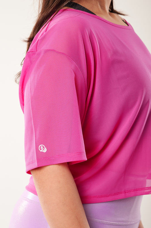 Hot Pink All Mesh Off-Shoulder Tee